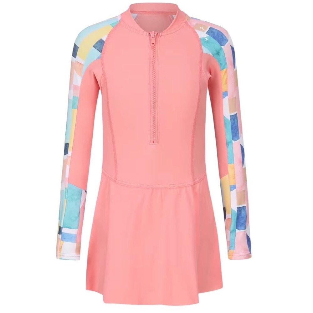 Olaian Girls Pink Long Sleeve Rash Guard Swim Dress Geometric Half Zip M (8-10)